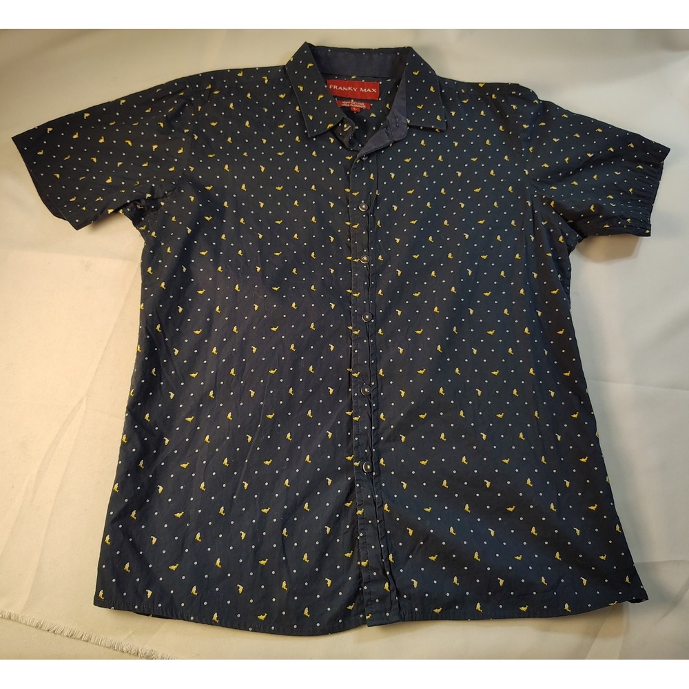 Franky Max Mens Black Dolphin Polka Dot Print Cotton Short Sleeve Shirt L